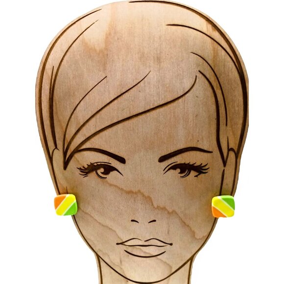 Vintage Square Sherbet Striped Earrings, Summer Studs - Picture 3 of 4